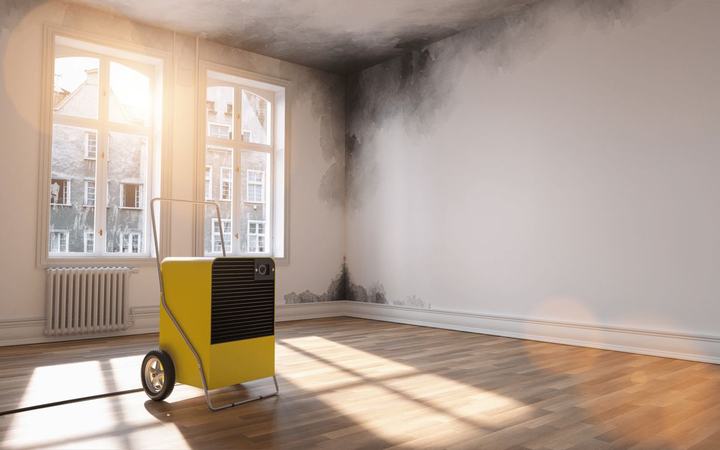 Raum mit Brandschaden während der Trocknung und Sanierung